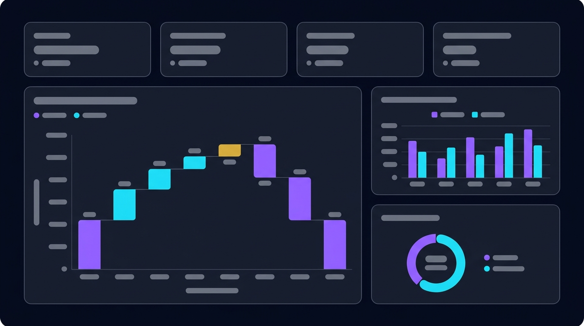 Finance dashboard showing waterfall and budget comparison charts