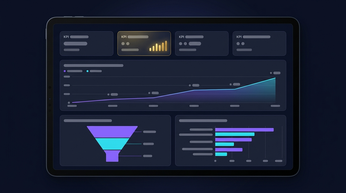 Sales dashboard showing revenue trend, funnel and KPI tiles