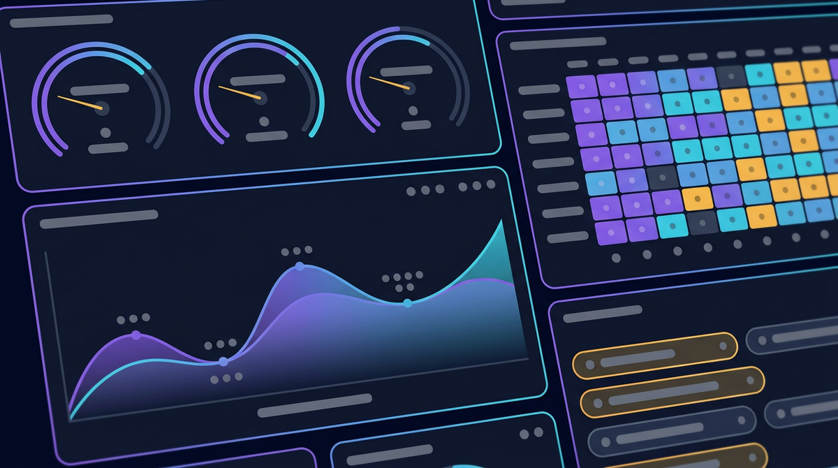 Operations dashboard showing gauges, throughput chart and status grid