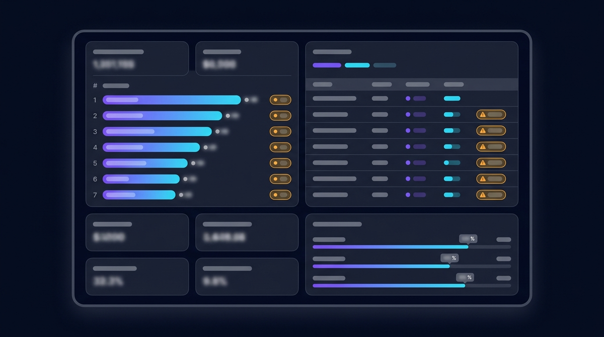 Inventory dashboard showing stock levels, ranked list and alerts