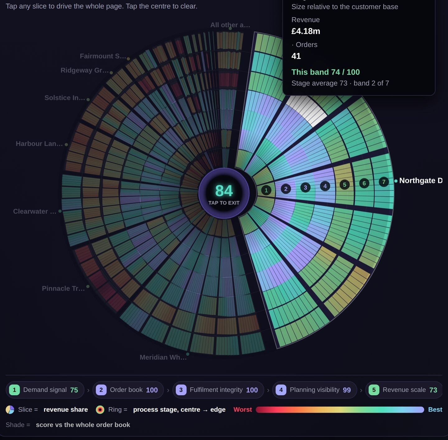 Close-up of the supply chain iris radial chart, showing customer wedges scored across seven process rings