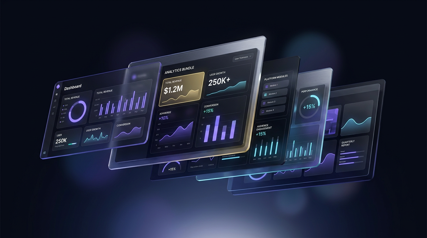 Multiple dashboard screens layered together